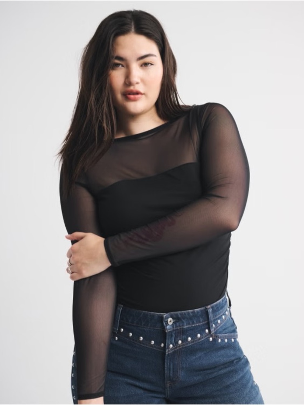 Abercrombie & Fitch Black Sheer Mesh Long-Sleeve Bodysuit